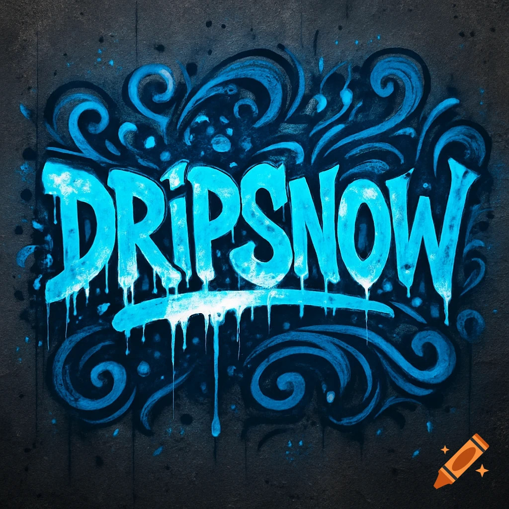 A blue graffiti-style logo on a dark background, with the word DRIPSNOW and dripping effects.
