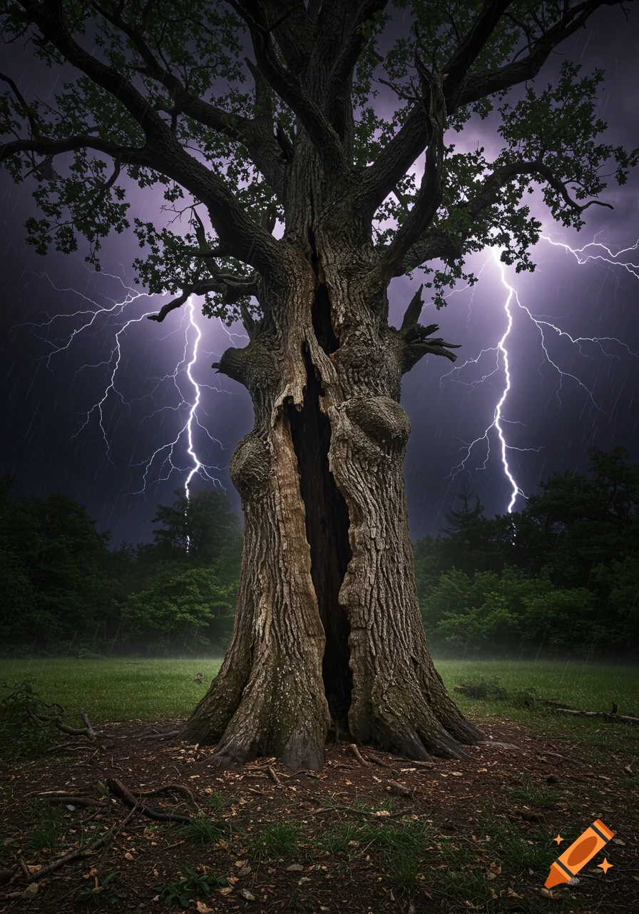 Photorealistic image of a large, hollowed ancient oak tree in a grassy field during a thunderstorm with multiple lightning strikes.