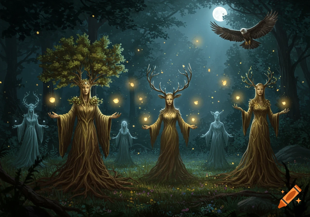 Five mystical tree and deer-like figures with glowing orbs in a moonlit forest. An eagle flies overhead. Fantasy art style.