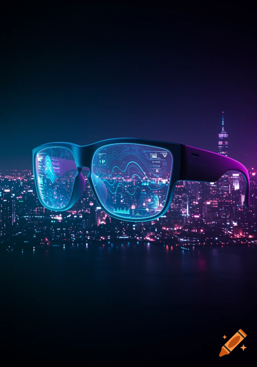 Futuristic augmented reality glasses with glowing blue and purple holographic displays showing data, set against a dark city skyline at night.