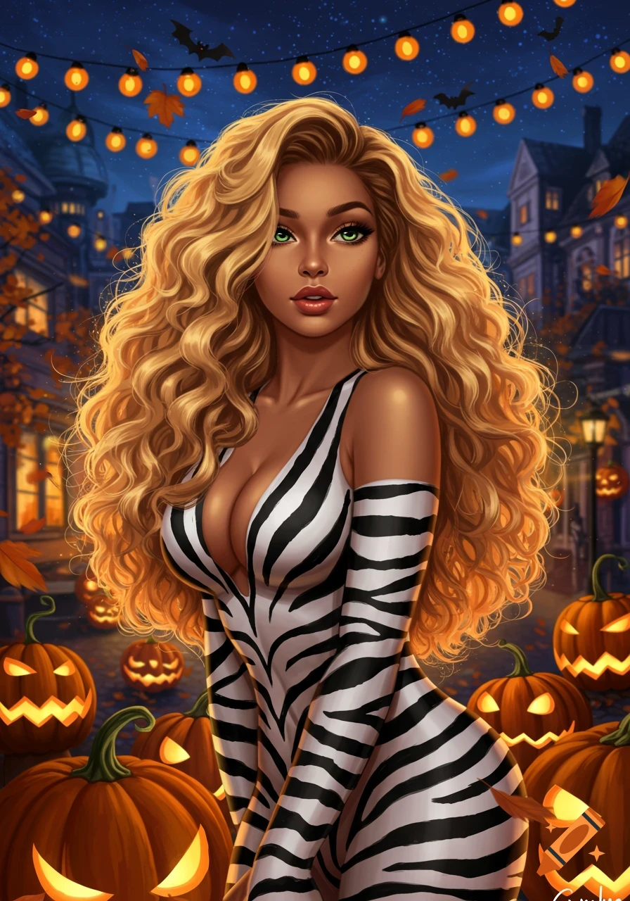 A woman with blonde curly hair and green eyes in a zebra print costume stands among jack-o'-lanterns and fall leaves, with Halloween decorations in the background.