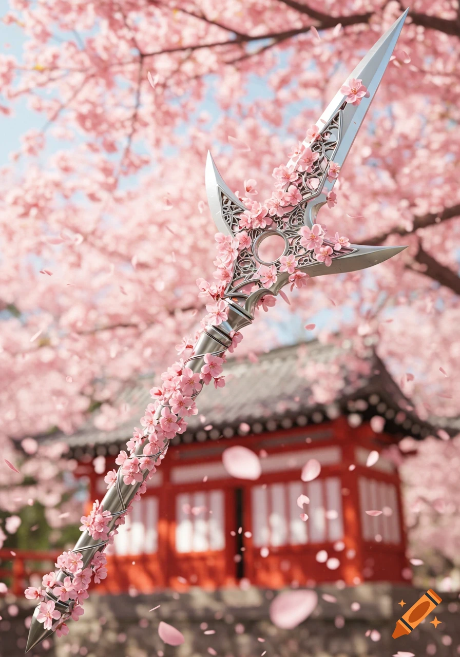 A decorative throwing glaive covered in pink cherry blossoms, with a traditional Japanese temple and sakura trees in the background.