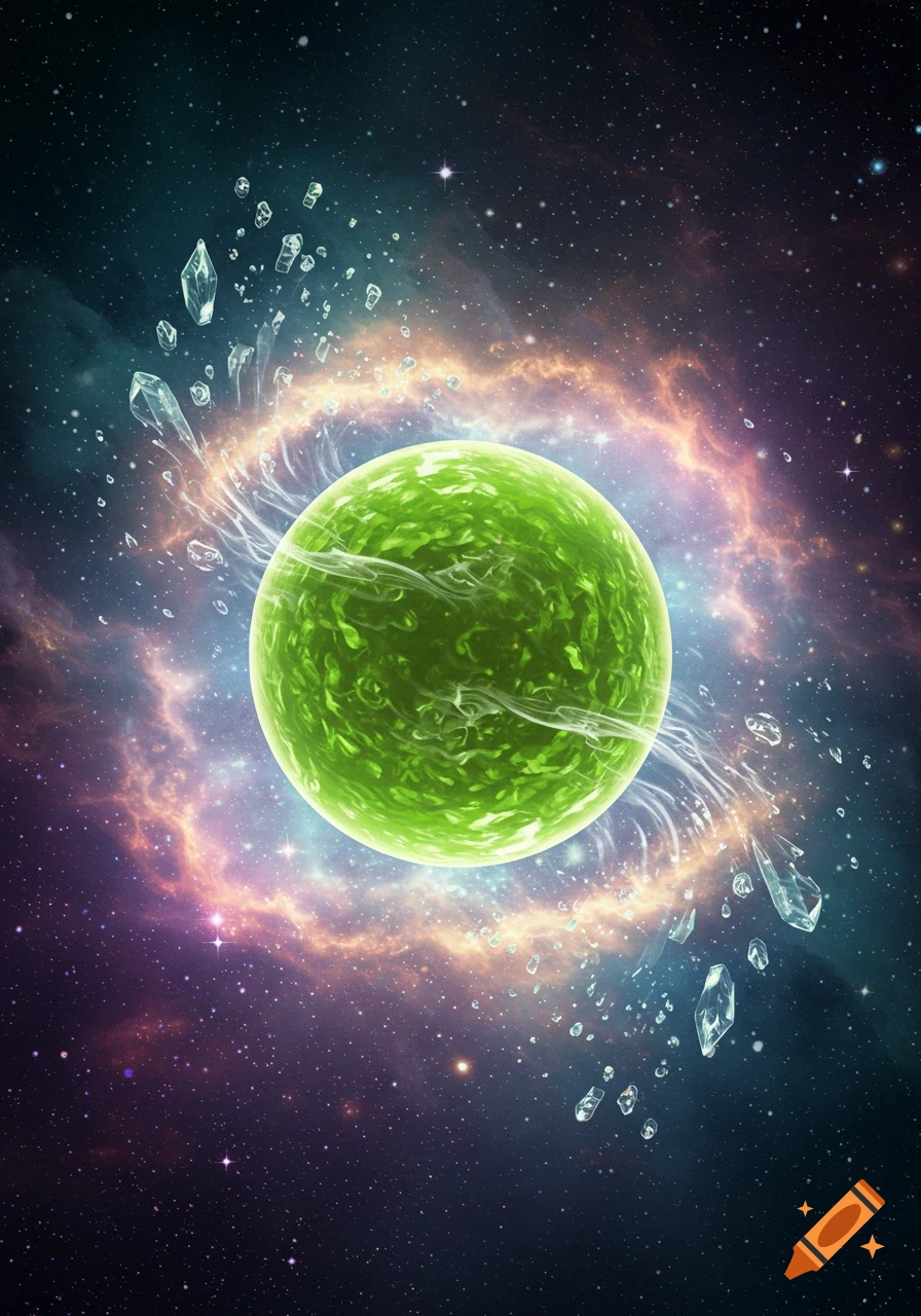 A vibrant green spherical planet with a textured surface, surrounded by swirling cosmic gases and clear crystal shards in outer space.