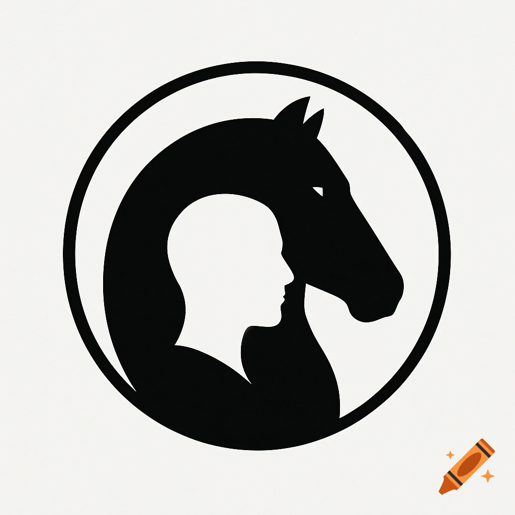 A minimalist black and white logo inside a circle featuring the silhouette of a horse head and a human head.