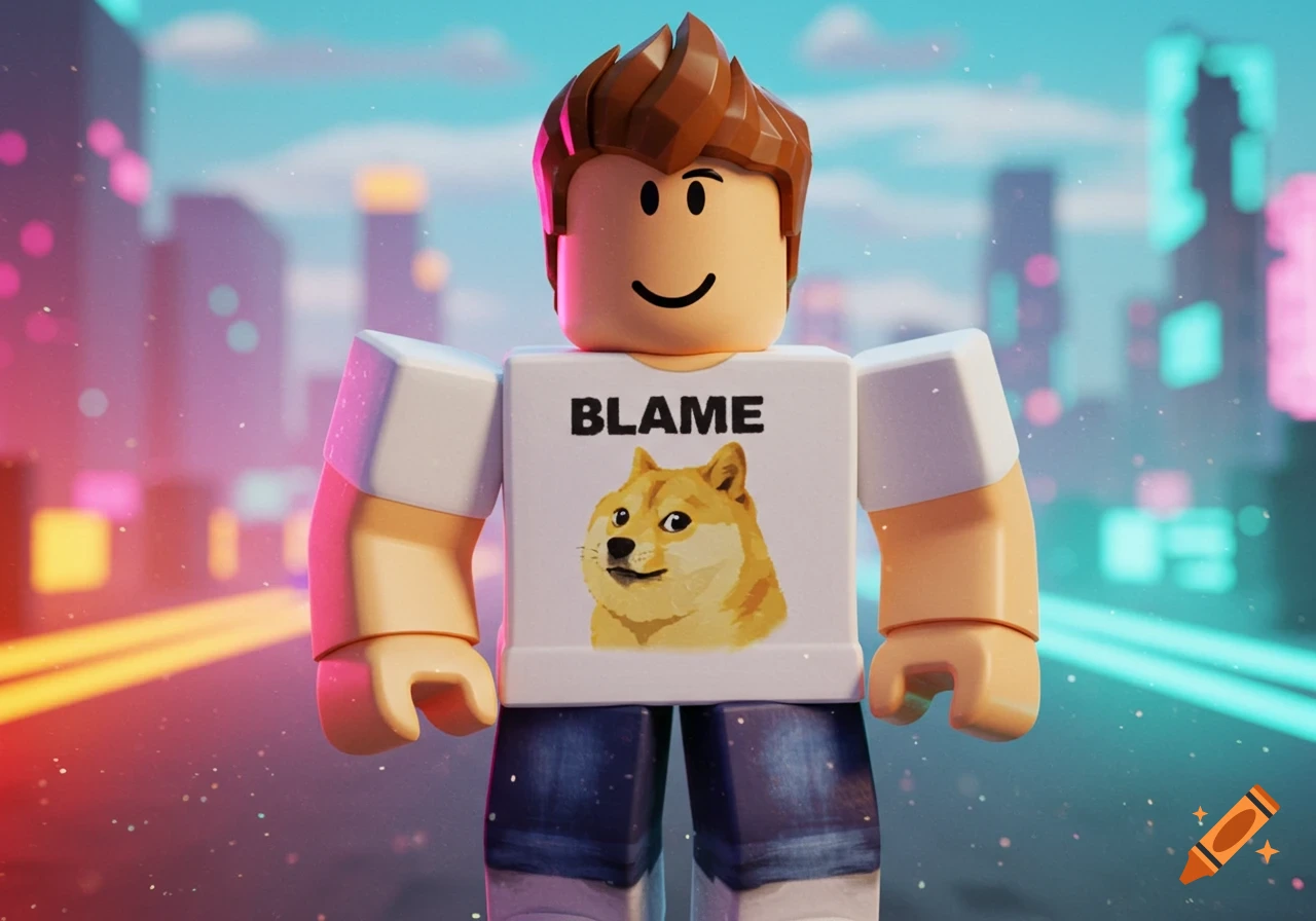 Roblox avatar wearing a white t-shirt with 'BLAME' and a Doge meme, standing in a neon-lit futuristic city.