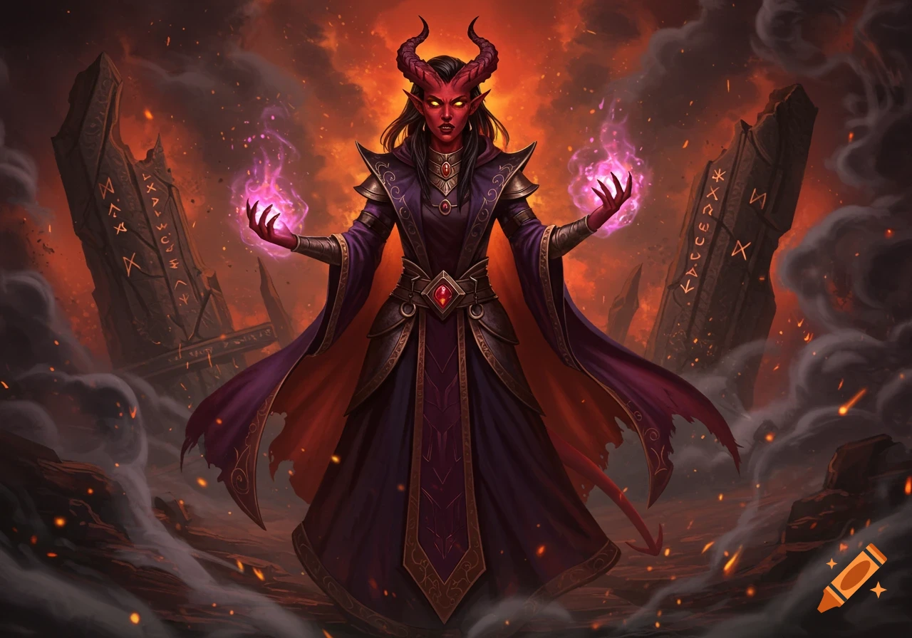 A powerful red-skinned demoness with horns and a tail, dressed in dark robes, casts purple magic between two rune-covered stone pillars in a fiery, smoke-filled landscape.