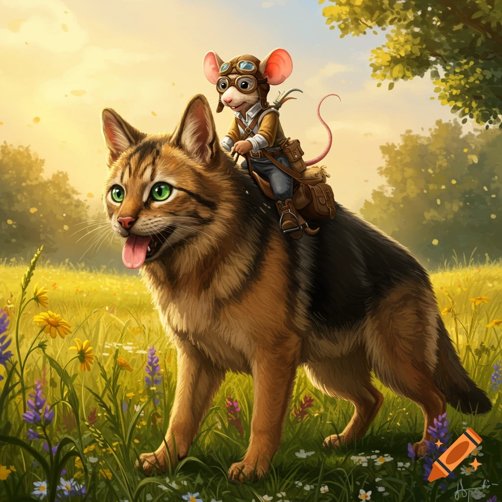 A mouse in aviator gear rides a cat-faced German Shepherd through a sunny, flower-filled field.