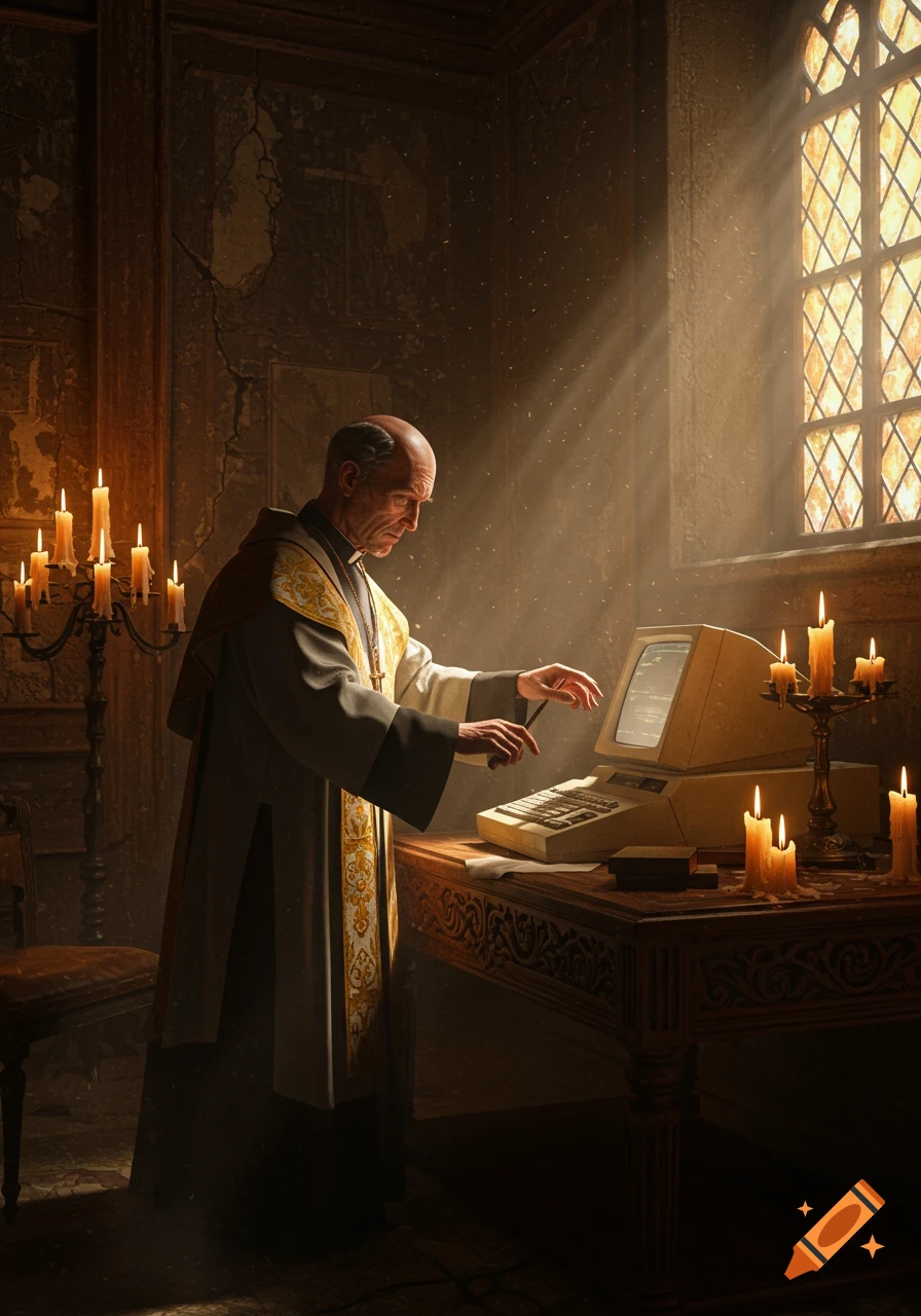 A bald priest in ornate robes stands at a wooden table, illuminated by sunlight from a stained-glass window, interacting with a vintage computer next to lit candles.
