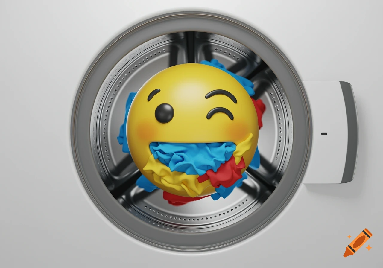 A winking emoji made from blue, red, and yellow clothes inside a washing machine drum, viewed from above.