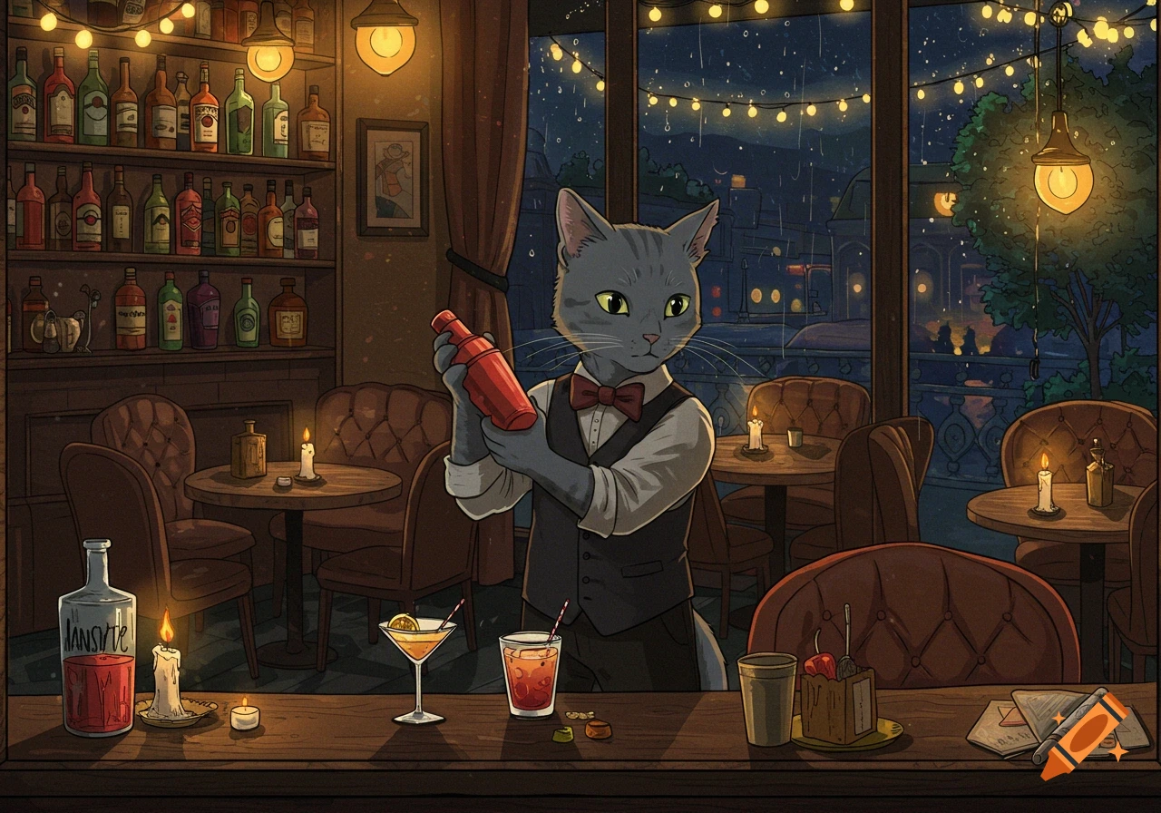 A cartoon cat bartender in a bow tie shakes a drink behind the bar of a cozy, candlelit cafe at night, with city lights visible outside a large window.