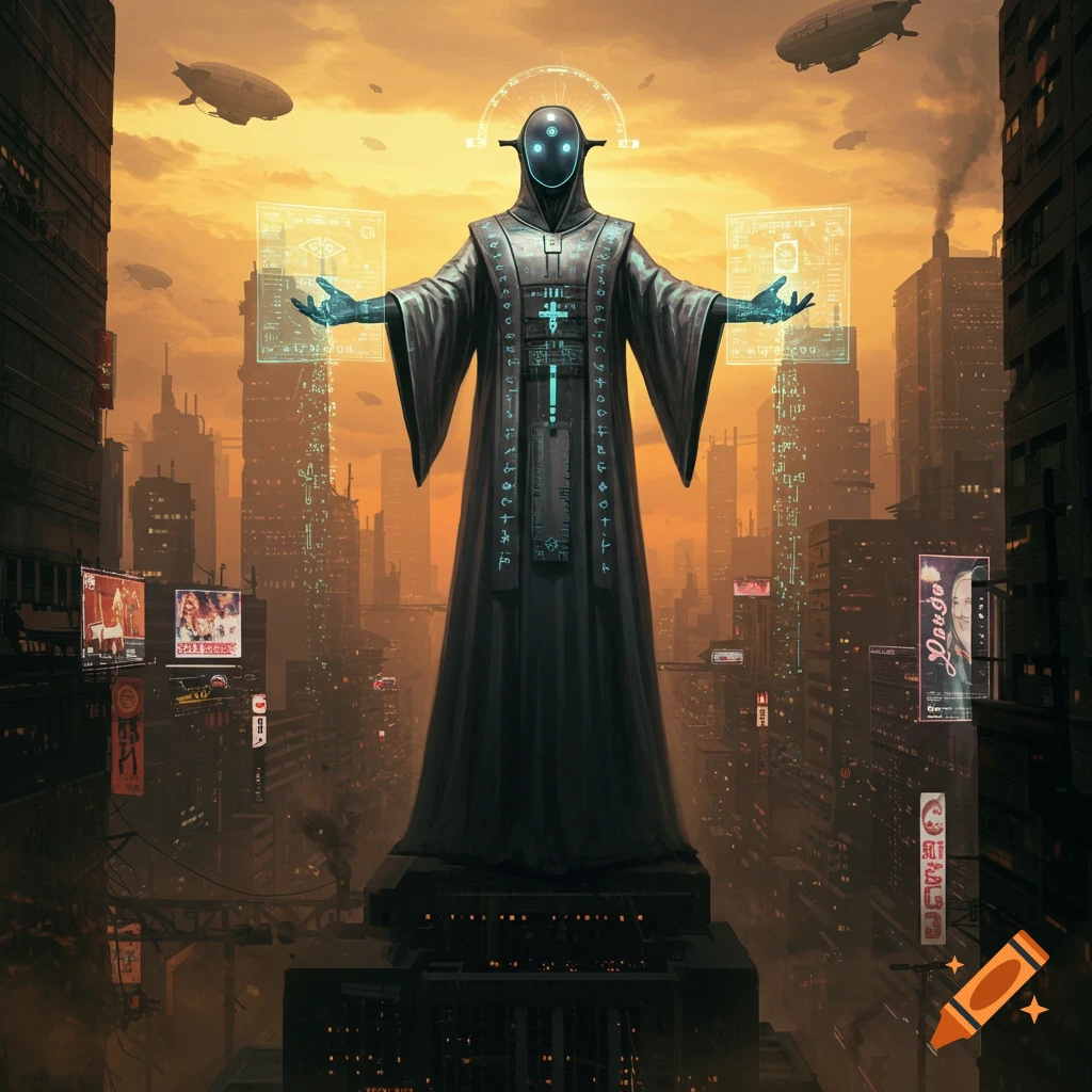 A robed, glowing cybernetic priest stands majestically in a sprawling, dystopian city with airships under an orange sky.