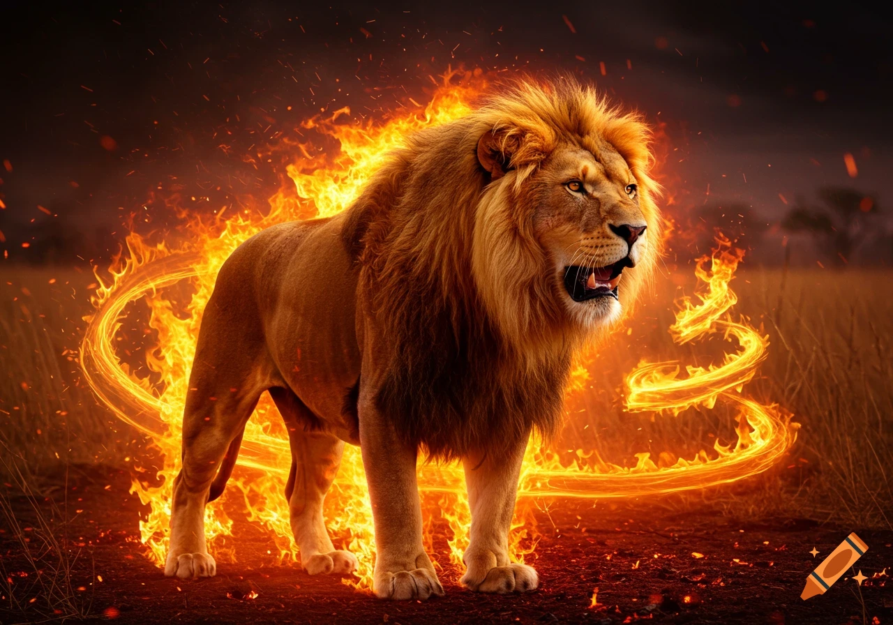 A photorealistic image of a roaring lion engulfed in swirling orange fire, standing in a twilight savannah.