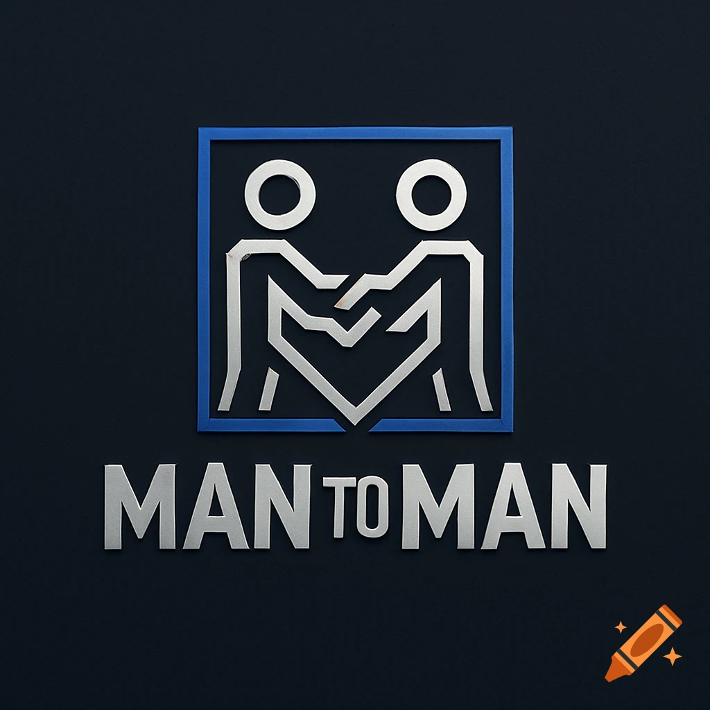 A silver logo with two abstract figures shaking hands inside a blue square, above the text 'MAN TO MAN' on a dark background.