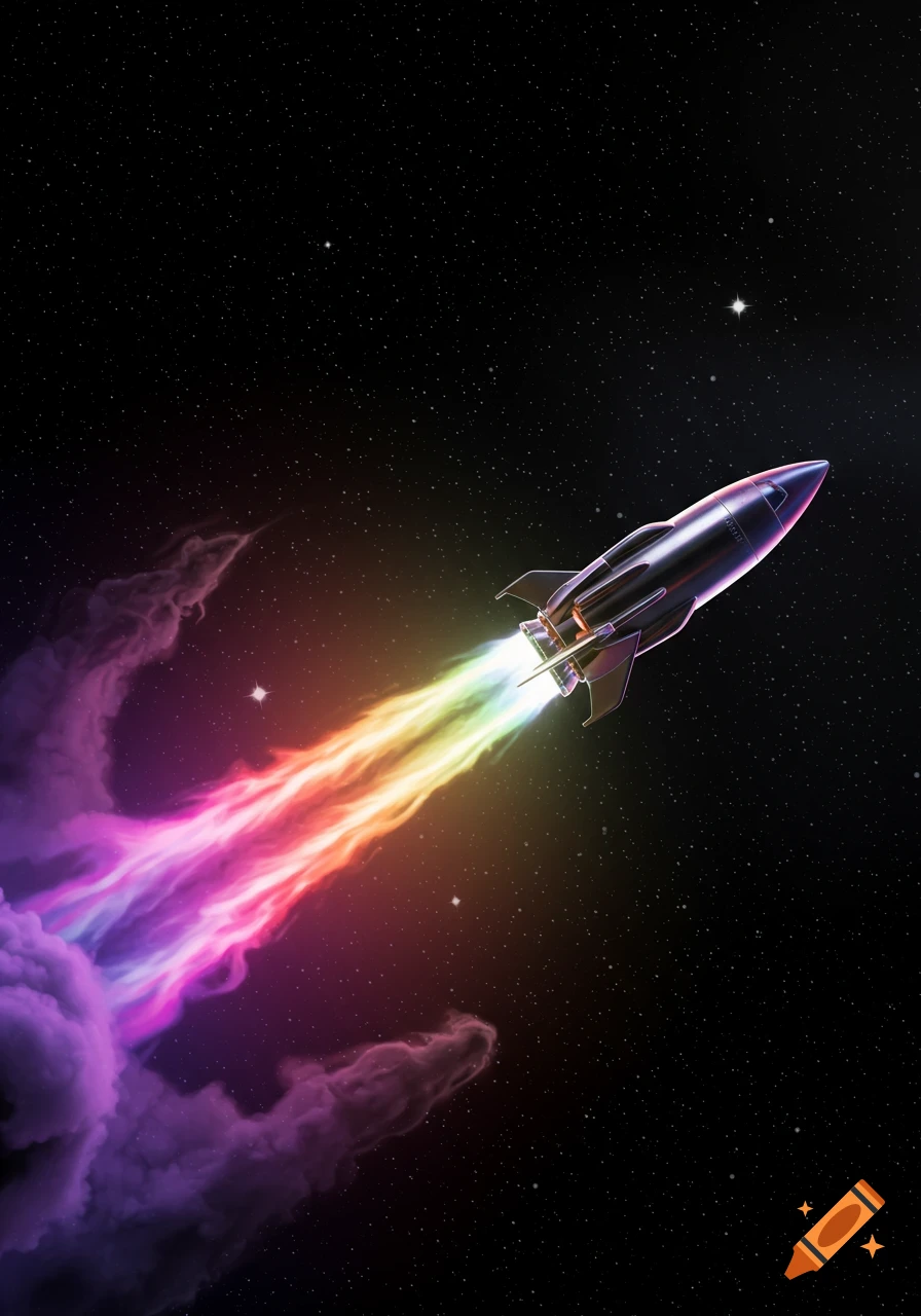 A futuristic rocket ship with a vibrant rainbow exhaust trail flies through a starry night sky.