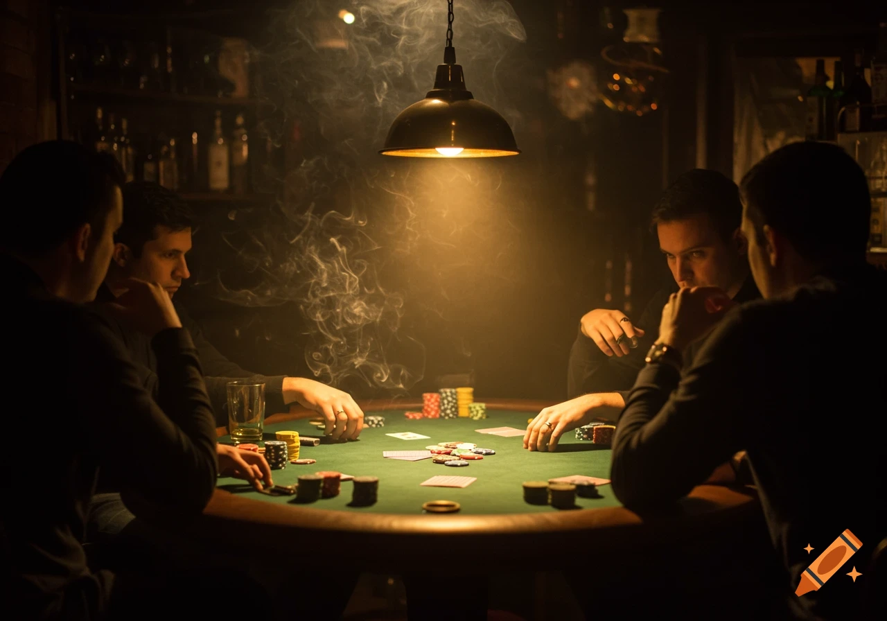 Four men play poker at a dimly lit table, surrounded by smoke, under a golden lamp.