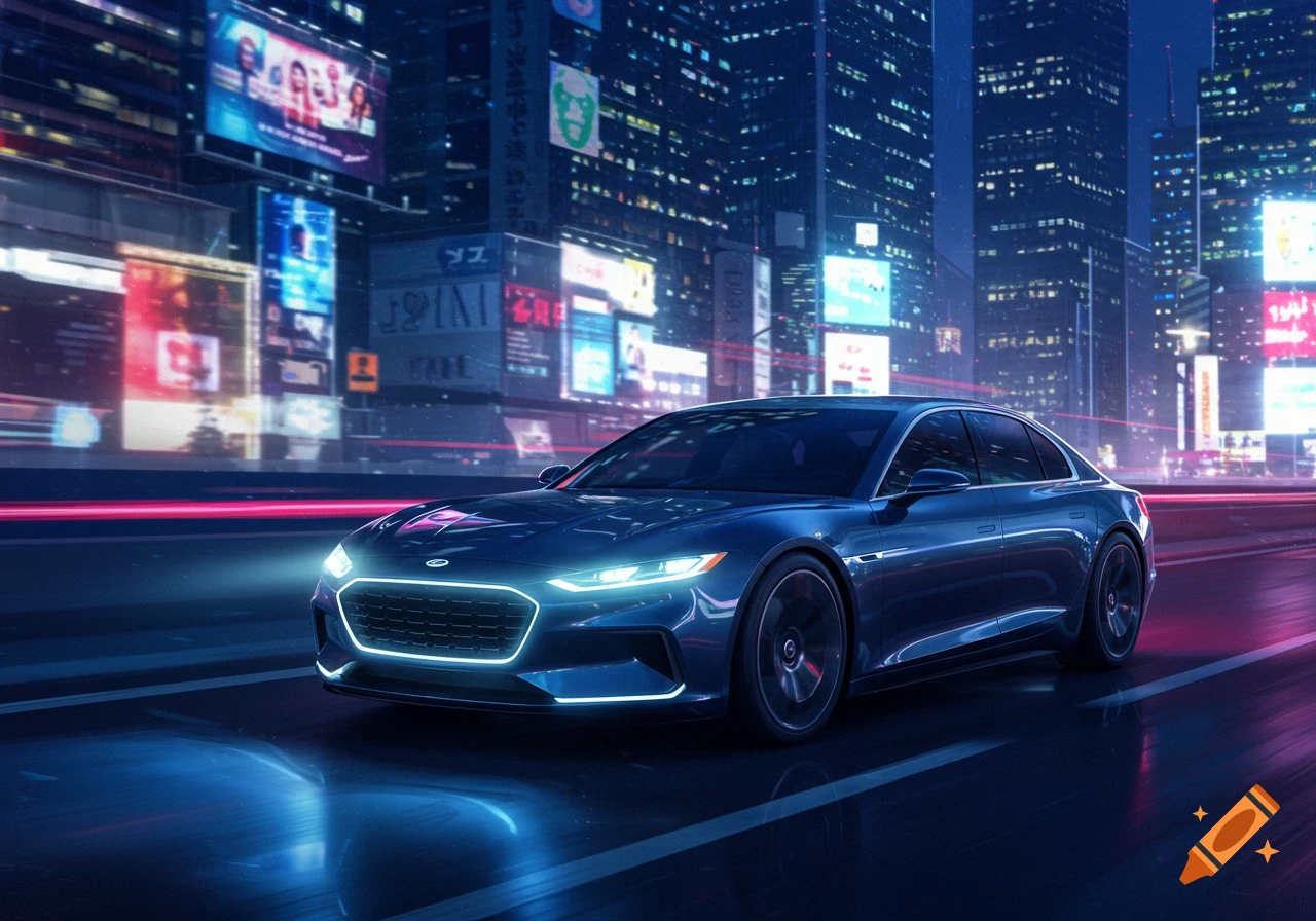 A blue futuristic sedan drives through a neon-lit cyberpunk city at night with motion blur.