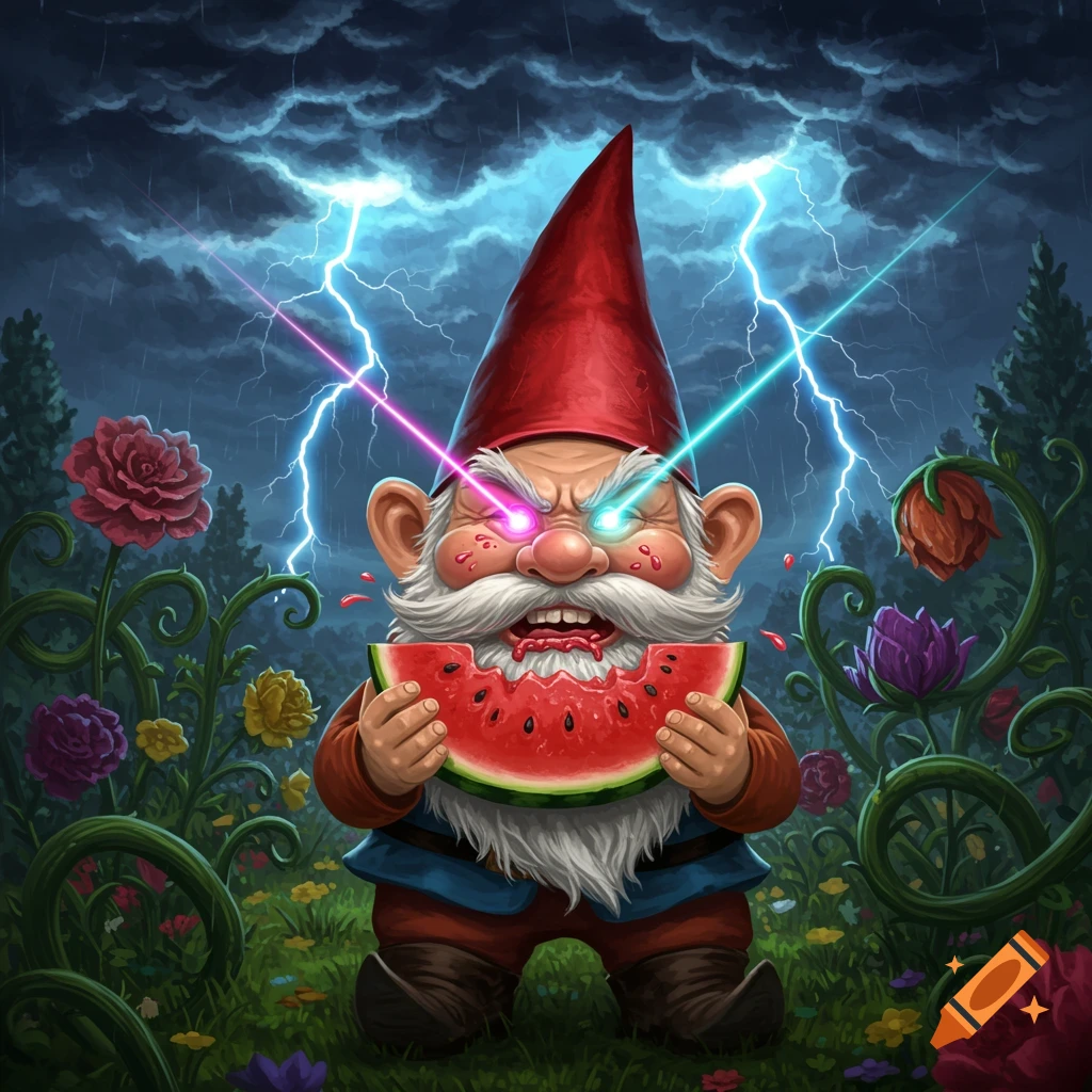 Angry garden gnome with laser eyes eating watermelon during a thunderstorm in a whimsical illustration.