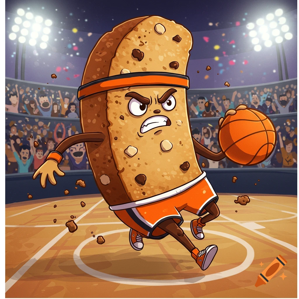 A cartoon biscotti character with an angry expression plays basketball in a crowded stadium.