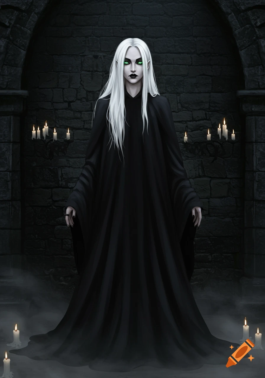 A pale-skinned woman with long white hair and glowing green eyes wears a flowing black robe, standing in a dark stone chamber with lit candles. Digital art.