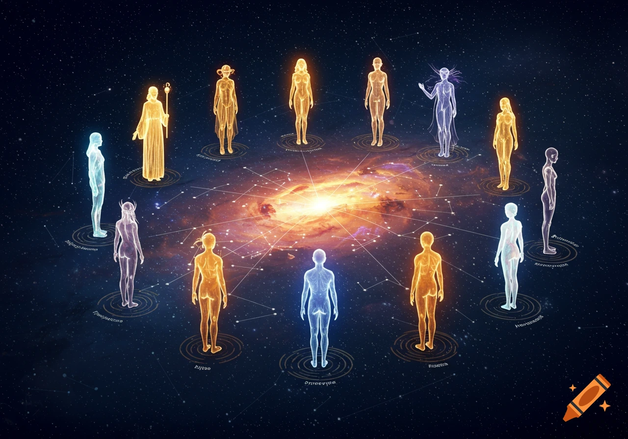 Ethereal, glowing human figures in various colors arranged in a circle around a bright galaxy in space, connected by glowing lines.