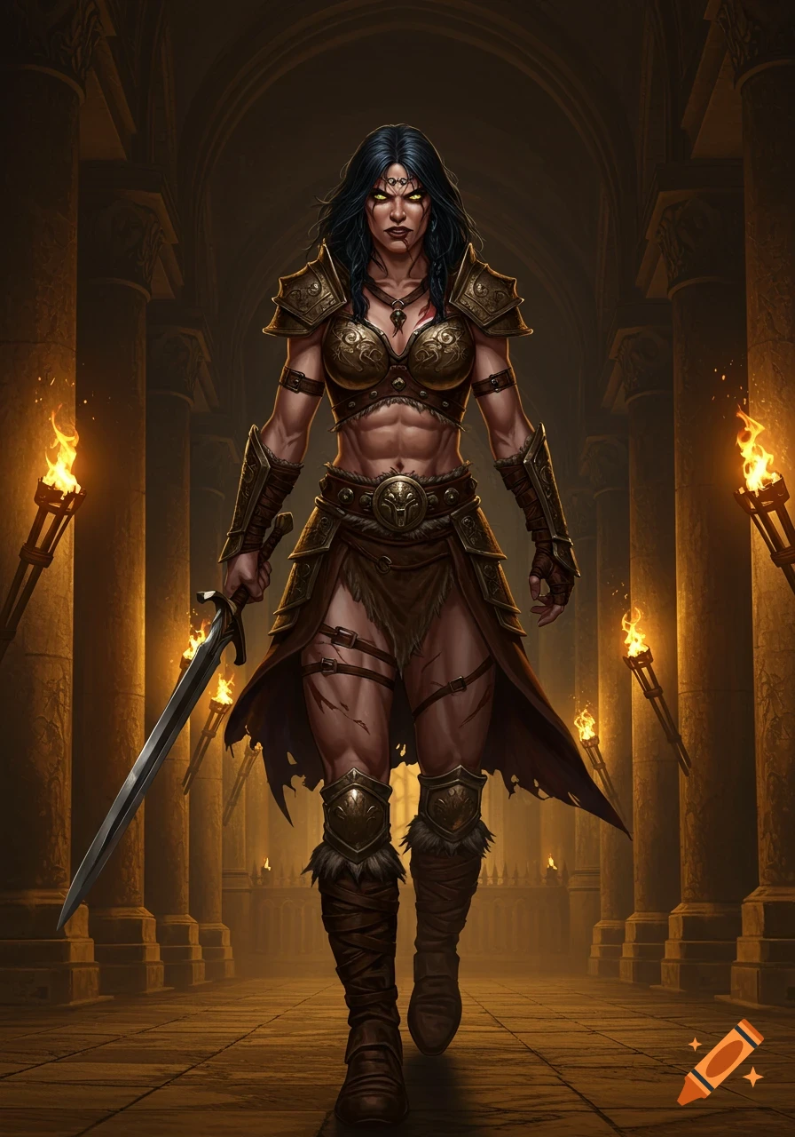 A powerful female warrior with dark hair and glowing eyes, wearing golden armor, walks through a torchlit stone hall.