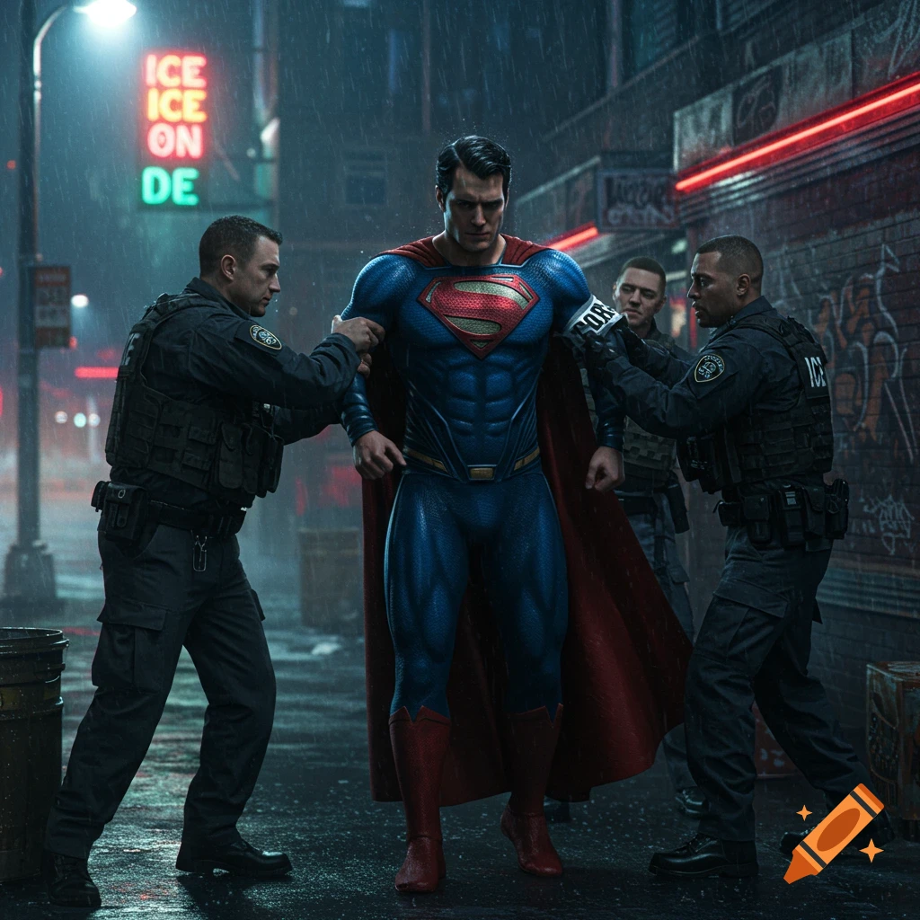 Photorealistic image of Superman being arrested by three tactical agents in a rainy, dark city street at night.