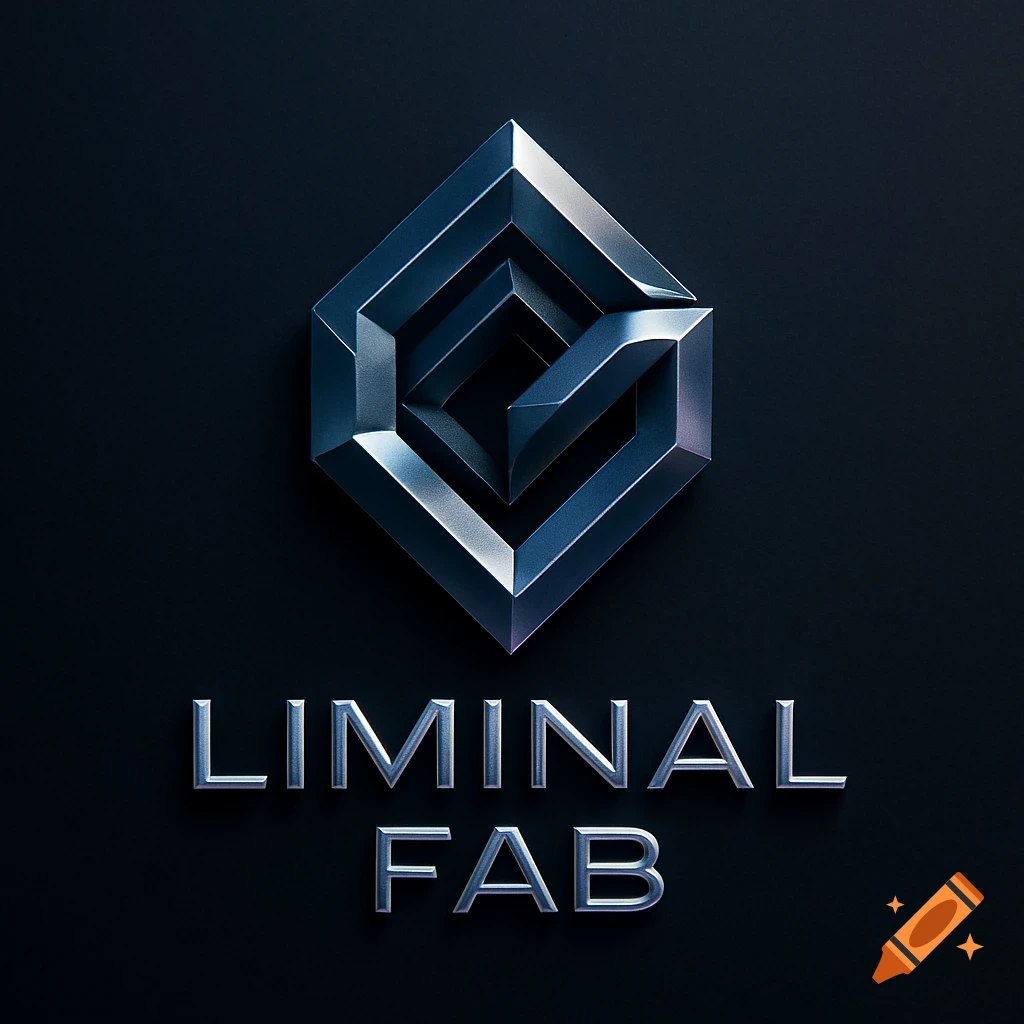 A metallic, angular, geometric logo with the words "LIMINAL FAB" below it on a dark background.