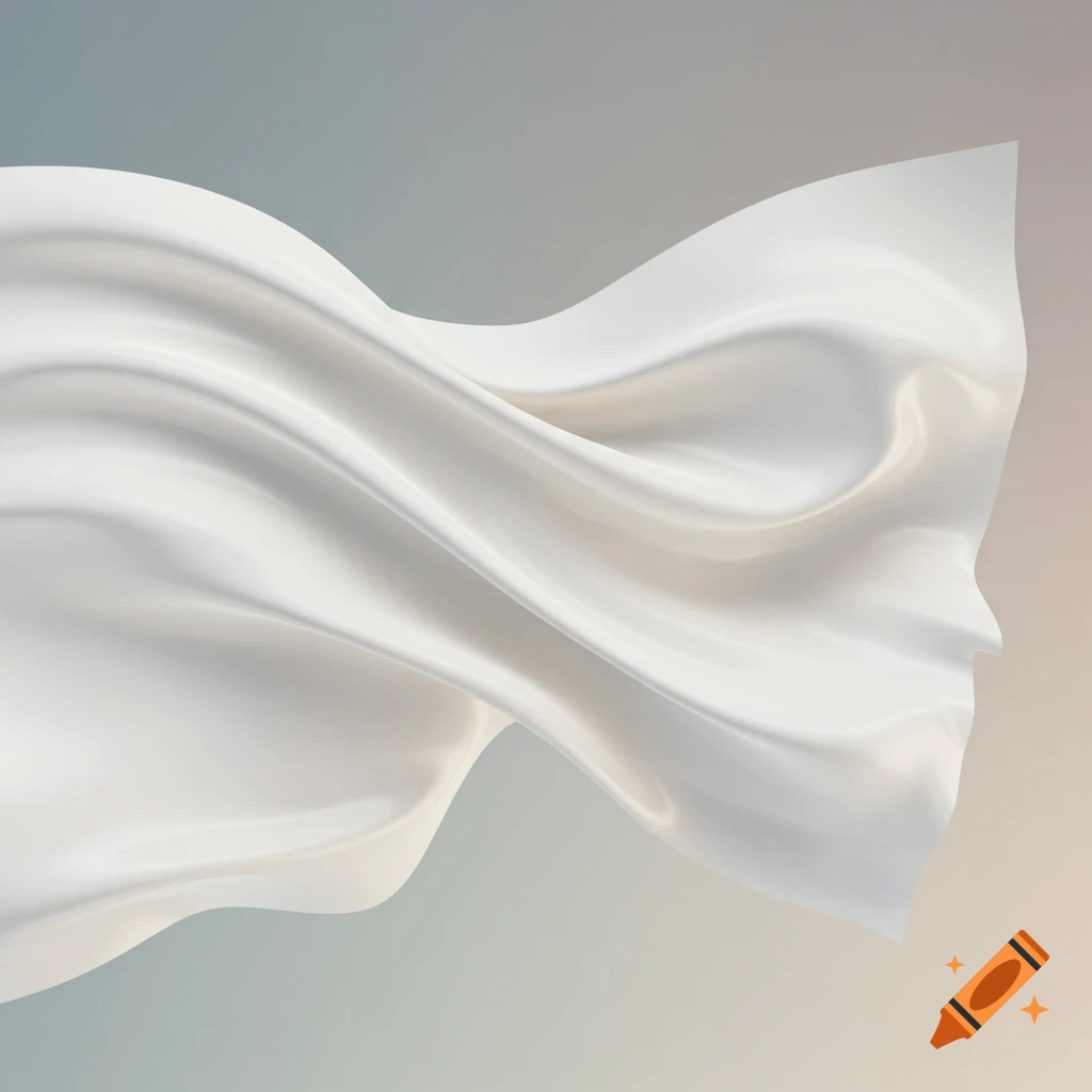 A flowing white fabric or liquid material with smooth curves against a subtle gradient background.