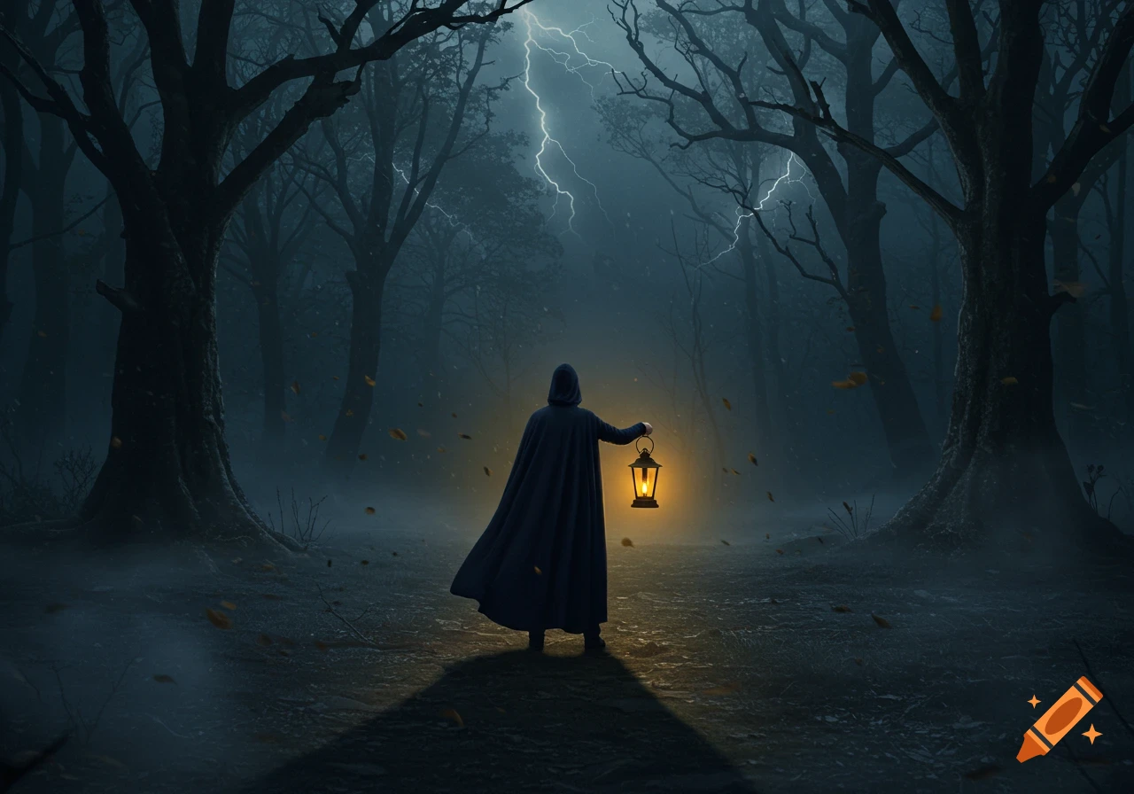 A person in a dark cloak holding a lantern walks through a spooky, misty forest with lightning striking overhead.