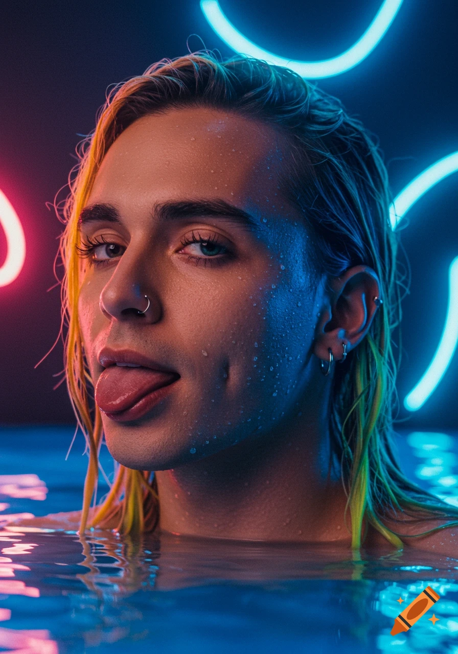 Close-up of a person with wet blonde hair in water, tongue out, under vibrant blue and pink neon lights.