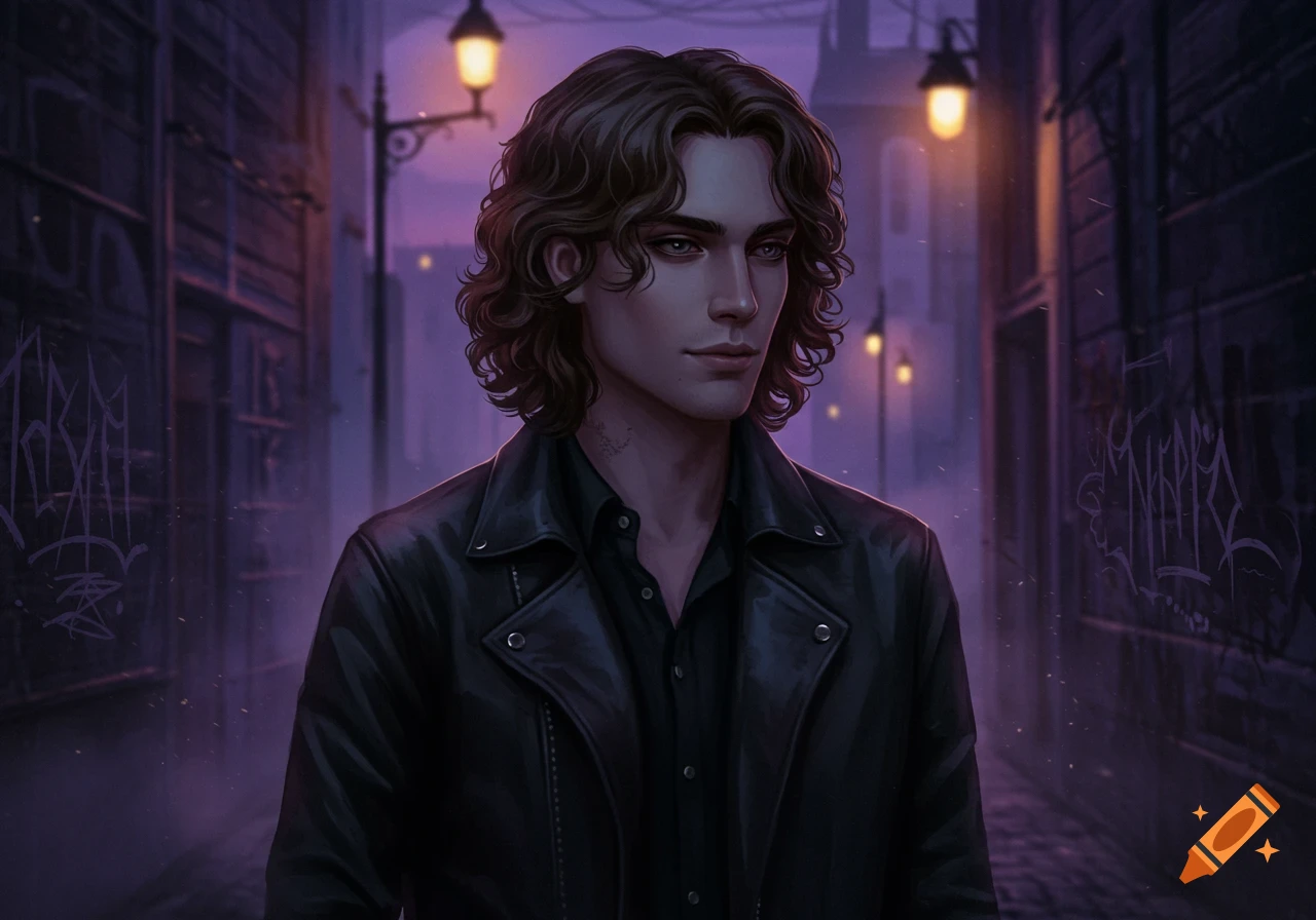 A stylized digital illustration of a young man with dark wavy hair in a black leather jacket, standing in a purple-lit urban alley with graffiti.