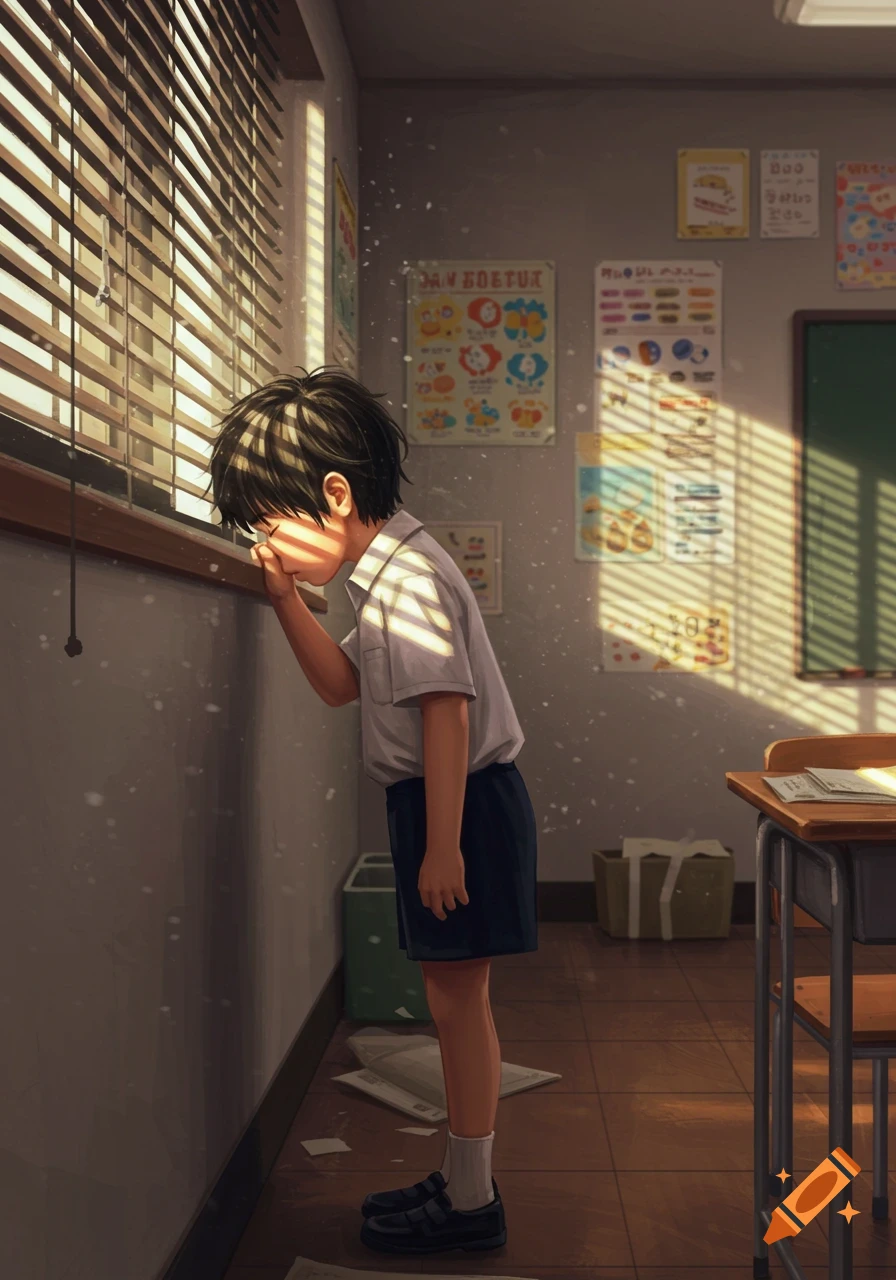 An anime-style illustration of a schoolboy in uniform standing with his face near a sunlit window, seemingly in a classroom.