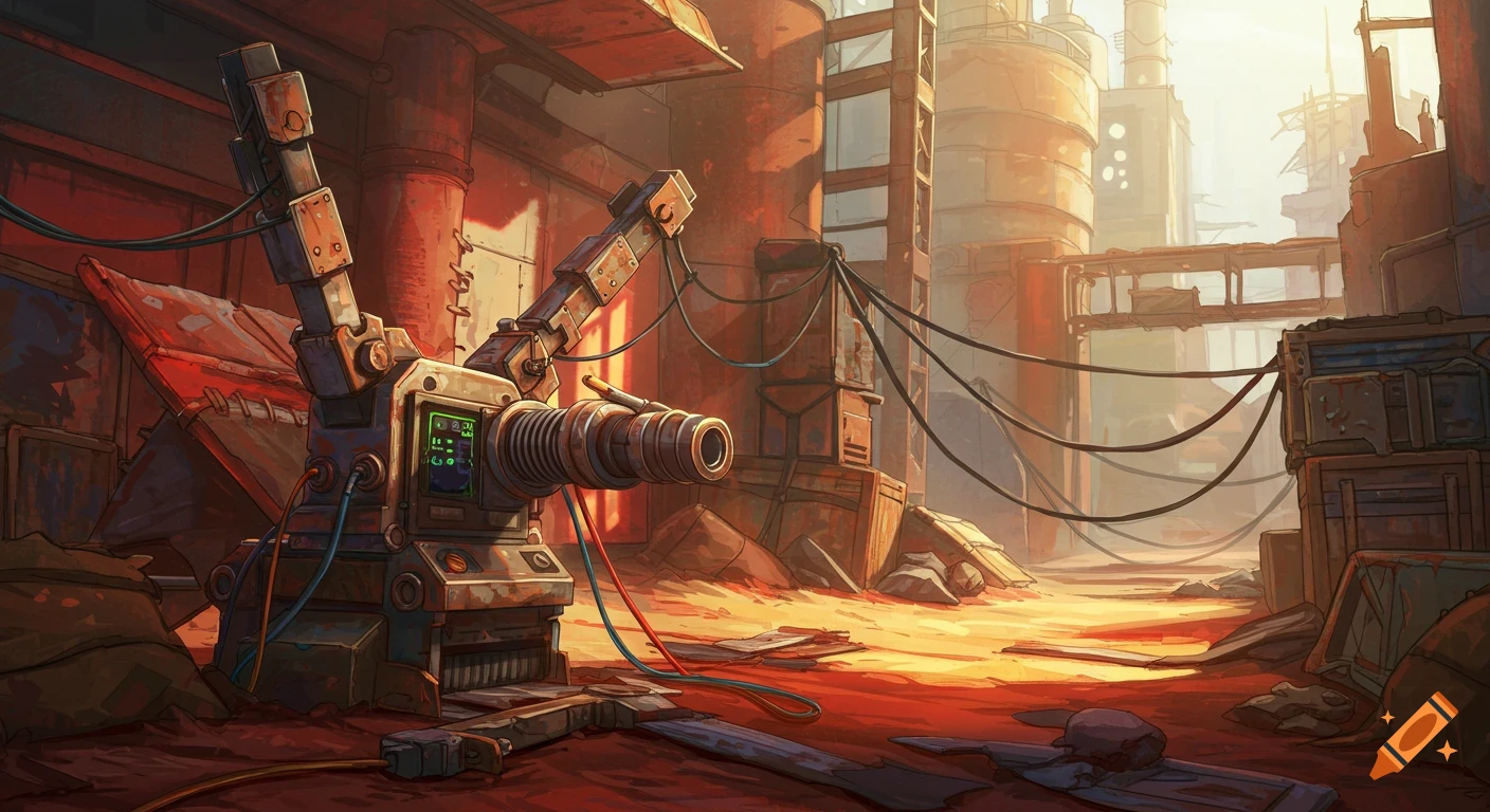 A rusty, abandoned industrial complex with large machinery in the foreground, pipes, wires, and storage containers under a hazy sky in a dystopian style.