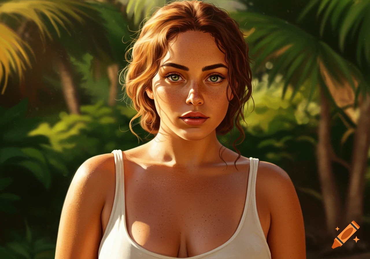 A detailed digital portrait of a woman with auburn hair and green eyes looking forward, set against a lush tropical background.