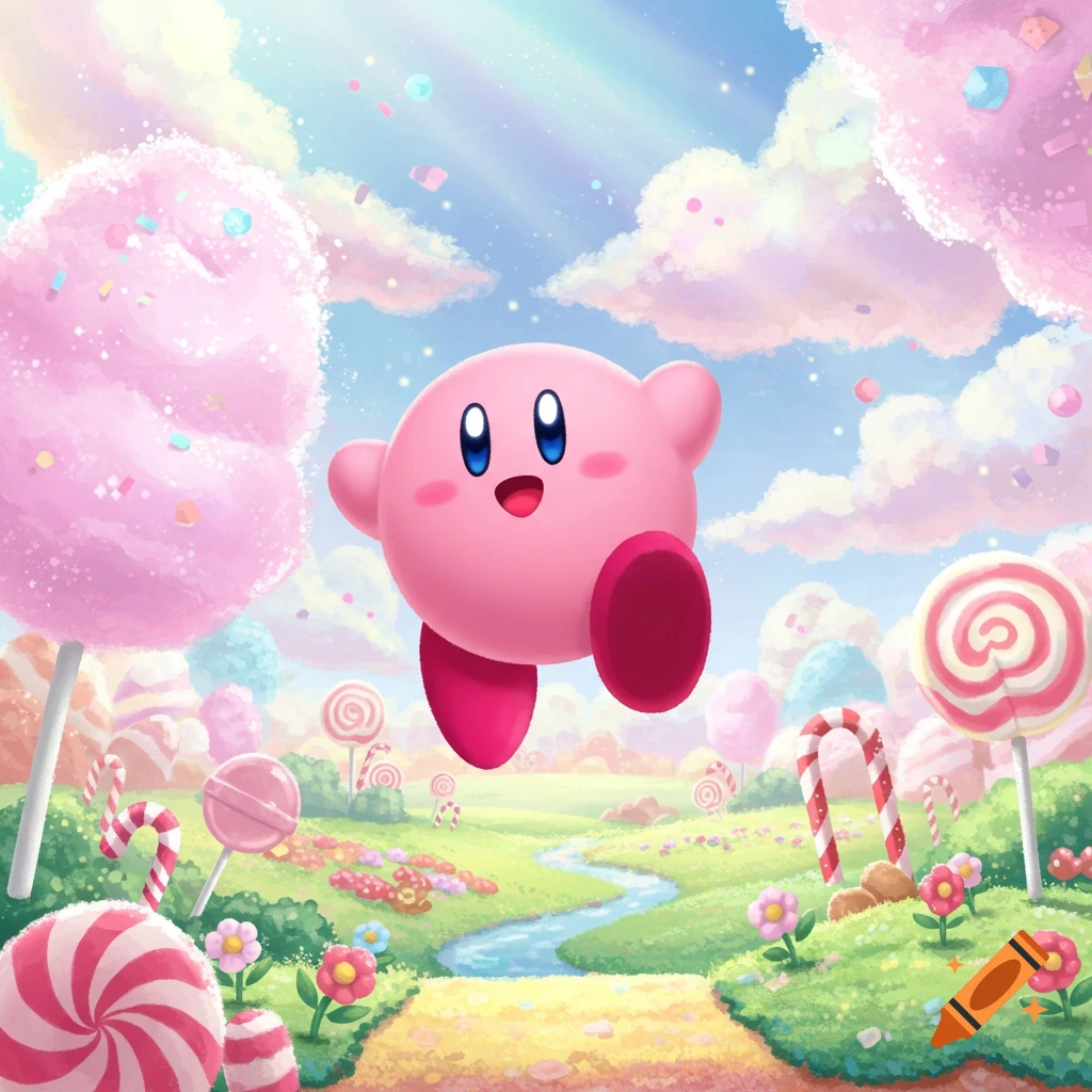 Kirby floats happily in a vibrant, whimsical candy land with cotton candy clouds, lollipops, and a winding stream.