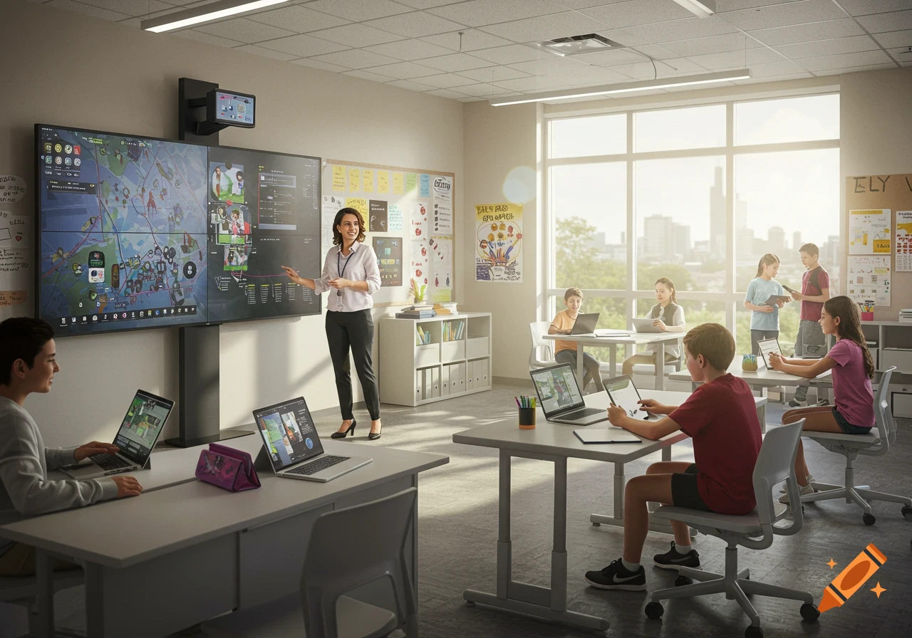 A modern classroom with a female teacher presenting at a large multi-screen display and students using laptops and tablets at desks, bathed in natural light from a large window.