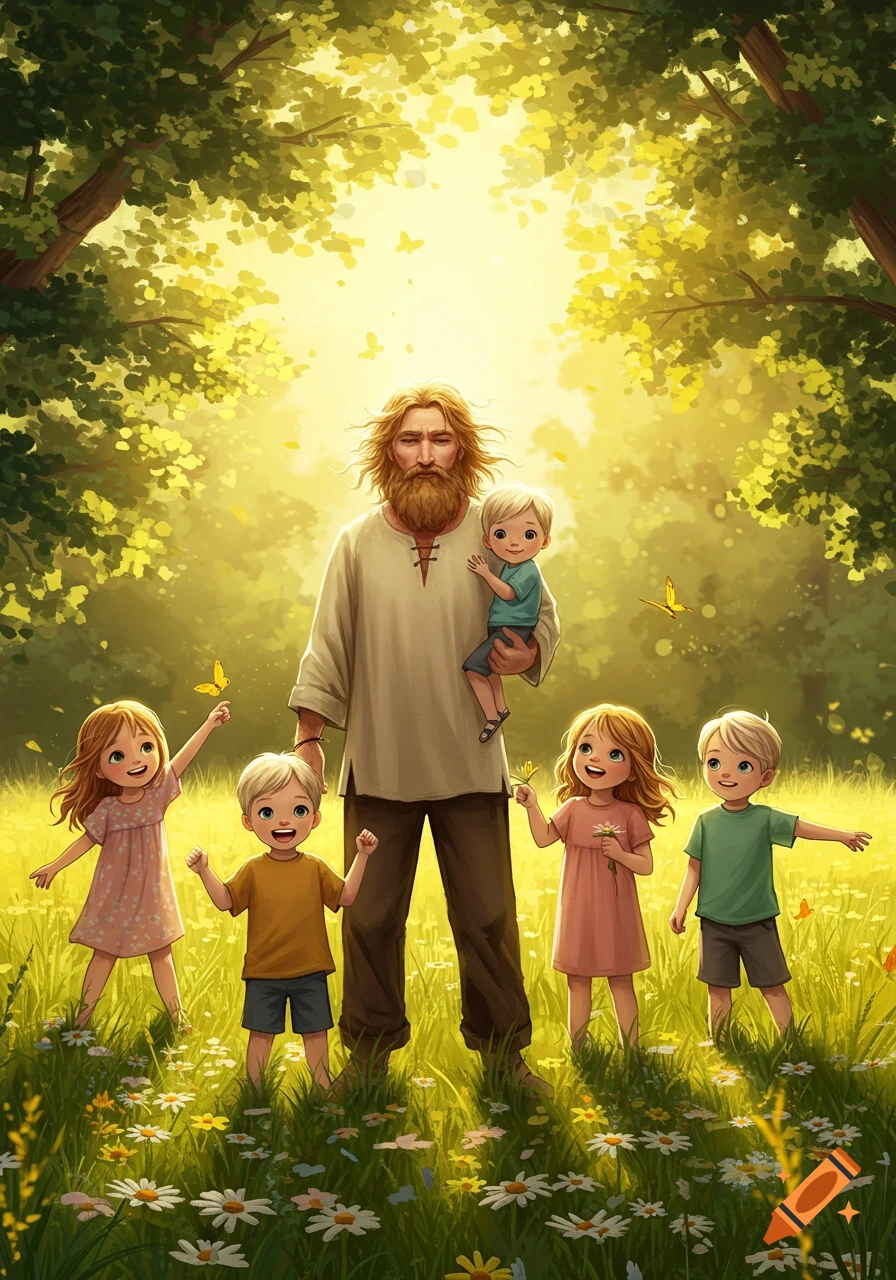 Illustration of a bearded man with five children in a sunlit meadow filled with flowers and butterflies.
