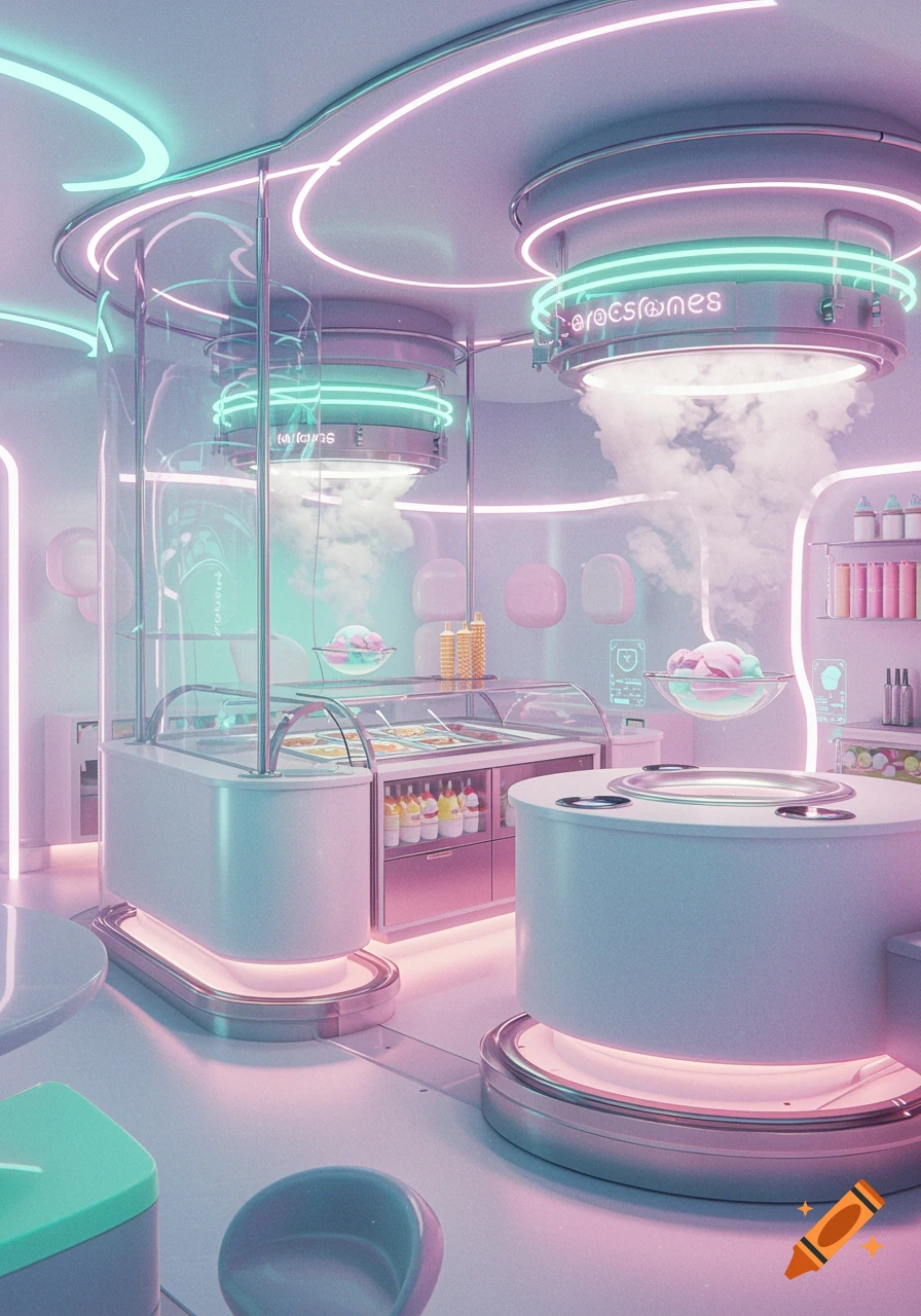 A vibrant, futuristic ice cream shop interior with pastel pink and blue neon lights illuminating pristine white counters and glass displays filled with treats and bottles. Clouds of vapor rise from large, glowing overhead machines.