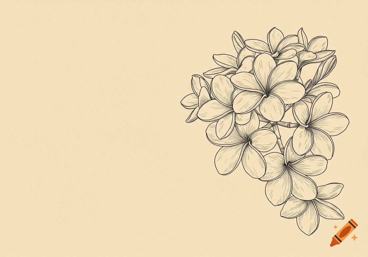 Black line art illustration of plumeria flowers on a warm beige background, positioned in the upper right.
