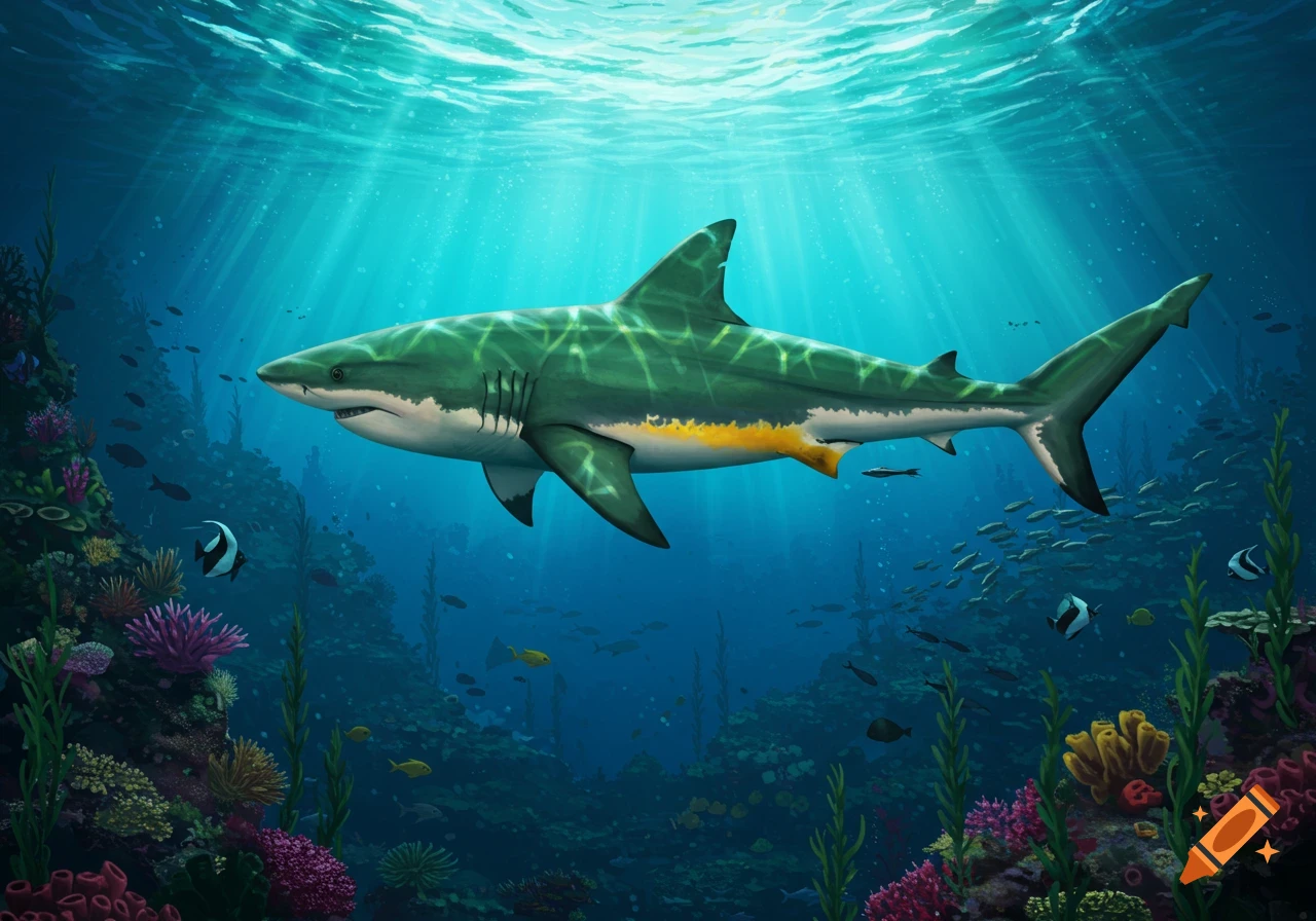 A large green shark with a yellow belly swims through a vibrant underwater coral reef filled with colorful marine life and sunlight.