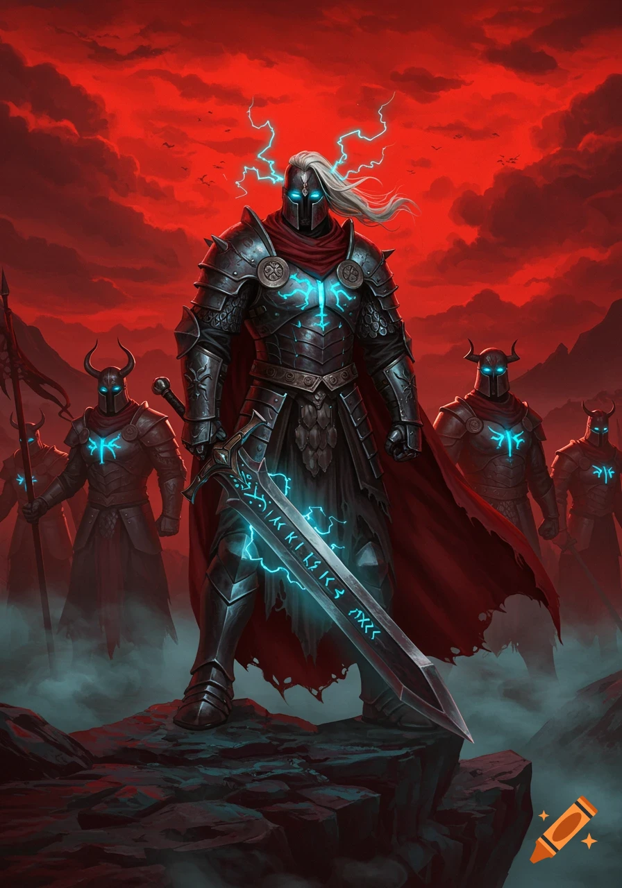 A heavily armored warrior with glowing blue eyes and chest insignia stands holding a large, glowing sword with runes, against a dramatic red sky. Other armored figures are in the misty background.