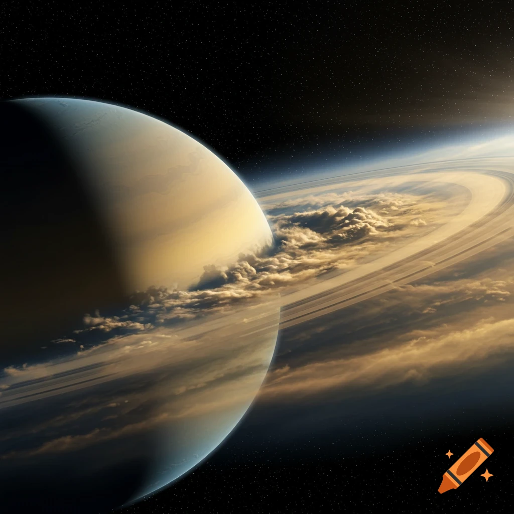 Photorealistic view of a large ringed planet with atmospheric clouds, set against a dark starry sky and illuminated by a distant light source.