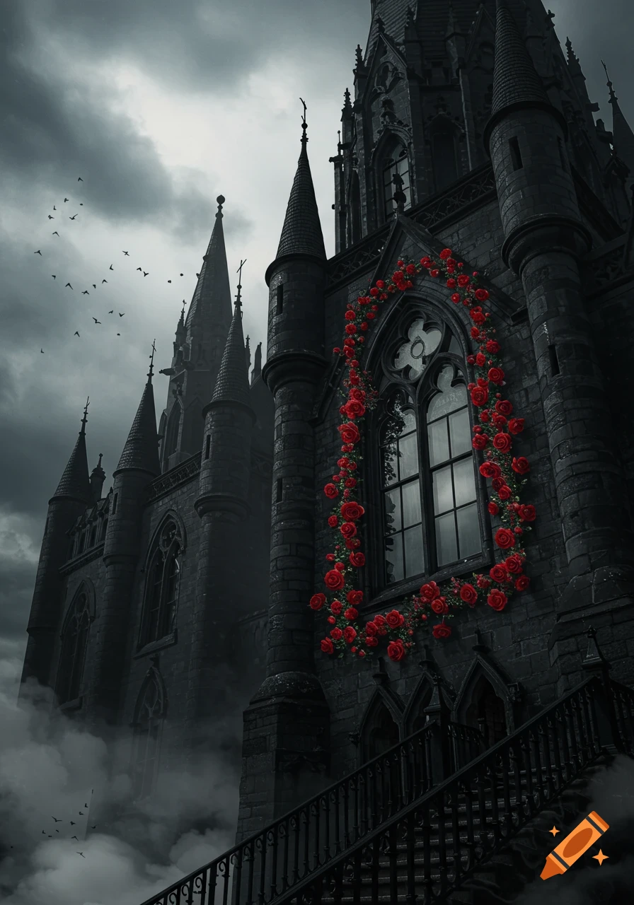 A dark gothic castle with tall spires under a cloudy sky, featuring an arched window adorned with red roses and mist rising from the foreground.