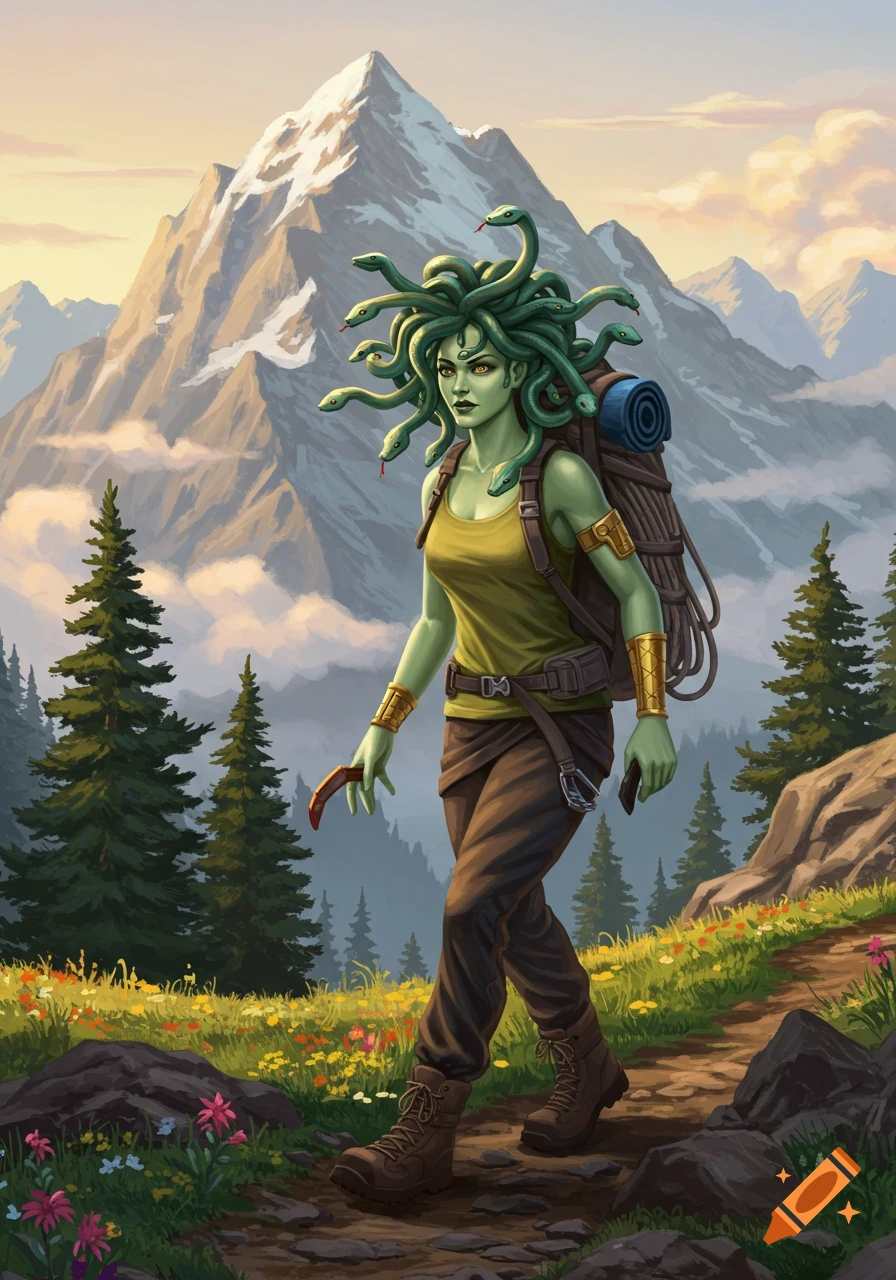 Illustrated fantasy art of Medusa backpacking on a mountain path with snowy peaks and green hills.