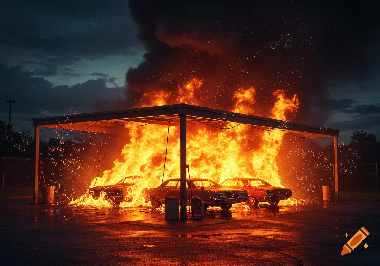Photorealistic image of a car wash with three cars engulfed in massive flames and thick smoke under a dark, cloudy sky.