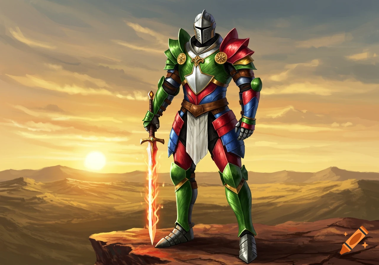 A knight in colorful green, red, blue, and white armor stands with a glowing sword at sunset on a cliff.
