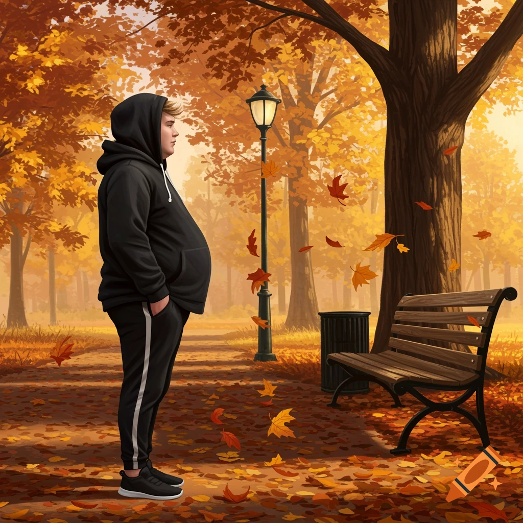 An illustration of a chubby man in a black hoodie and jogging bottoms standing in an autumn park with falling orange leaves, a lamppost, and a bench.