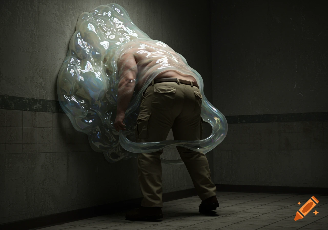 A man in khaki pants is being swallowed by a translucent, shimmering, blob-like creature clinging to a grungy wall in a dark room.