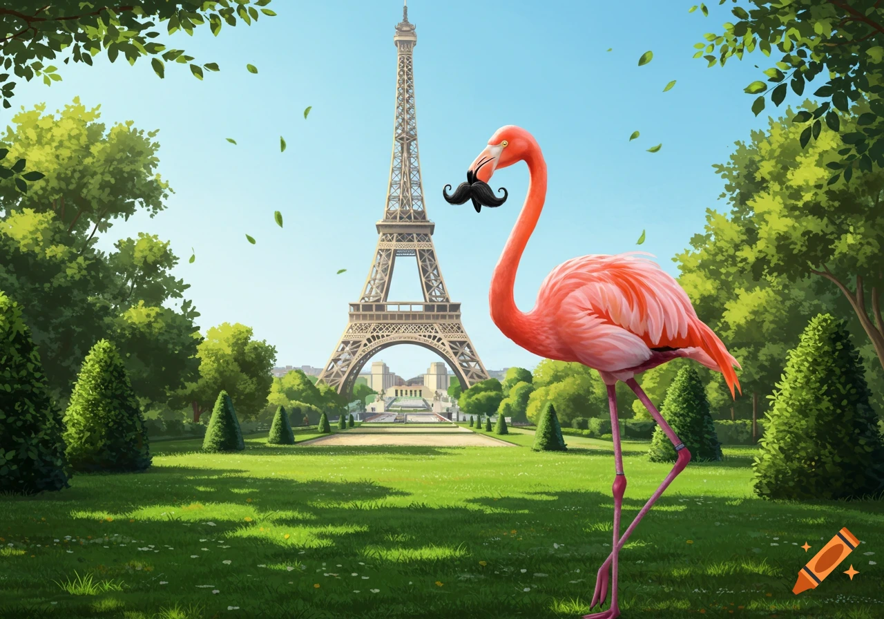 A pink flamingo with a large black mustache stands in a green park in front of the Eiffel Tower, illustrated.
