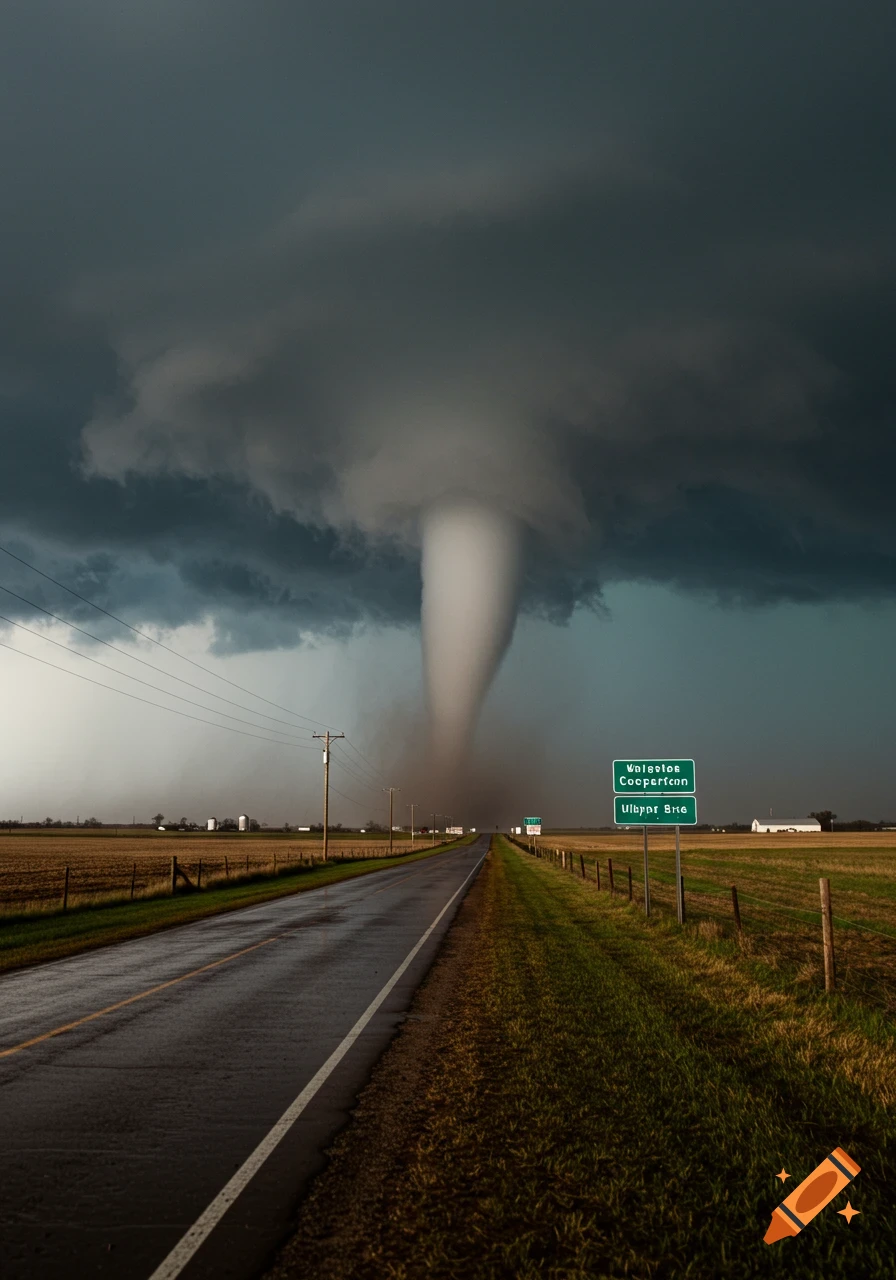 Photorealistic image of a large tornado over a rural road and fields under a dark, stormy sky.